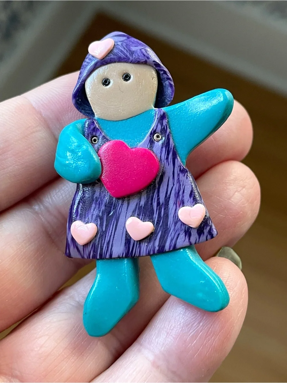 Adorable vintage/style polymer clay girl child brooch w/ hearts